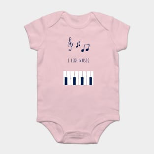 Illustration of notes and piano "I like music" Baby Bodysuit